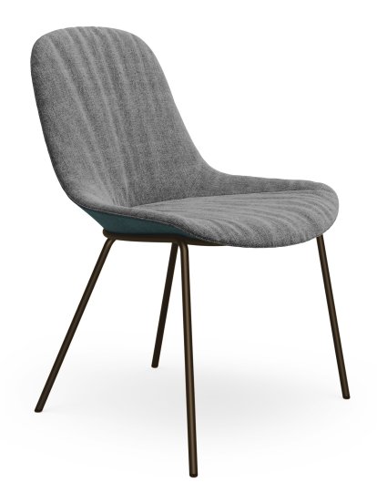 Chaise Sheru, Tissu Gaia platine, Cuir vintage blue tormaline, Peint par poudrage bronze mat