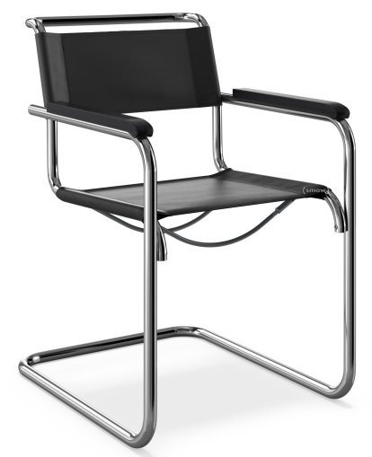 Chaise cantilever S 33 / S 34 originale, Accotoirs hêtre teinté noir, Cuir véritable, Noir, Patins en plastique noir avec feutre