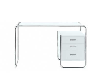 Bureau S 285/1 - S 285/2 Bauhaus, Hêtre laqué à pores ouverts blanc pur, S 285/2: 1 grand bloc de tiroirs à l'intérieur à droite