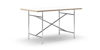 Table Eiermann, Mélaminé blanc avec bords chêne, 140 x 80 cm, Chromé, Vertical, centré (Eiermann 2), 100 x 66 cm