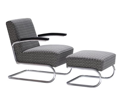 Fauteuil cantilever S 411, Tissu facets, Chromé, Avec ottoman, Sans patins