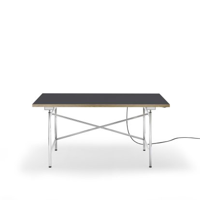 Table Eiermann 1 E (réglage électrique de la hauteur), Linoleum charbon de bois (Forbo 4175) avec bords en chêne, 140 x 80 cm, Chromé, Avec passage-de-câbles
