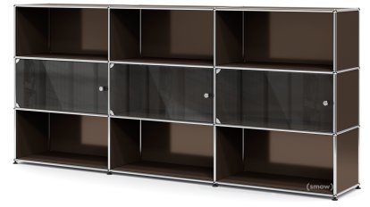 Meuble haut XL avec 3 portes vitrées USM Haller, Avec poignée avec serrure, Marron USM