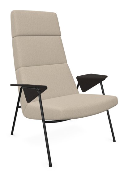 Fauteuil Votteler, Dossier haut, Tissu Gaia lin, Peint par poudrage noir mat, Chêne fumé