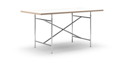 Table Eiermann, Mélaminé blanc avec bords chêne, 160 x 80 cm, Chromé, Vertical, centré (Eiermann 2), 100 x 66 cm