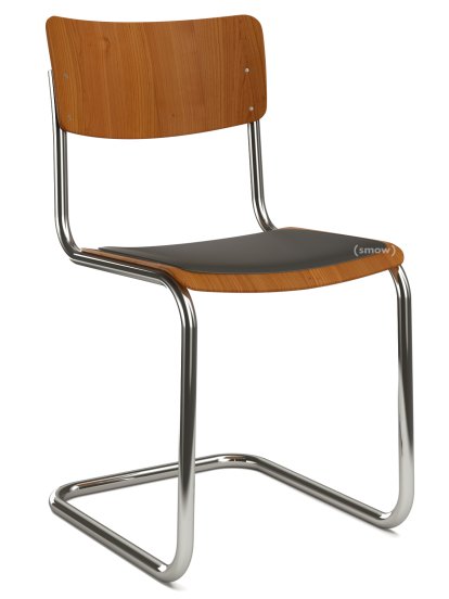 Chaise cantilever S 43 classique, Piétement chromé, Hêtre teinté, Cerisier, Coussin d'assise avec rembourrage noir, Patins en plastique noir avec feutre