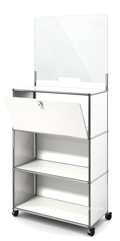 Comptoir USM Haller M avec écran de sécurité et passe-documents, Blanc pur RAL 9010, Avec roulettes