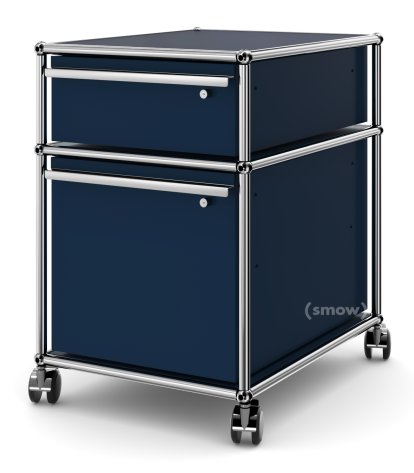 Caisson à roulettes USM Haller avec cadre pour dossiers suspendus, Tous les compartiments avec serrures, Bleu acier RAL 5011
