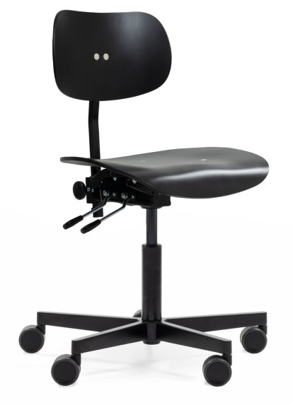 Chaise pivotante S 197 R20, Sans accoudoirs, Hêtre teinté noir, Poudre noir mat, Roulettes doubles noir pour sols durs