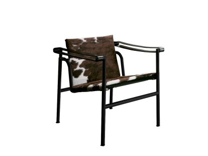 1 Fauteuil dossier basculant, Laqué noir mat, Peau tachetée blanche, noire, marron