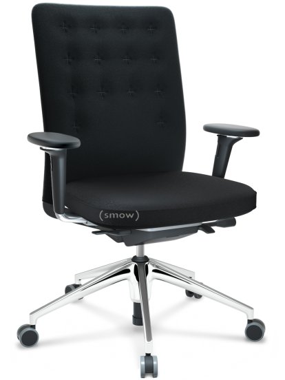 ID Trim, Avec support lombaire, Mécanisme Flowmotion avec inclinaison avant et réglage de la profondeur , Avec accotoirs 3D, Piétement à 5 branches, aluminium poli, Assise et dossier Plano, Nero, Souples pour sols durs