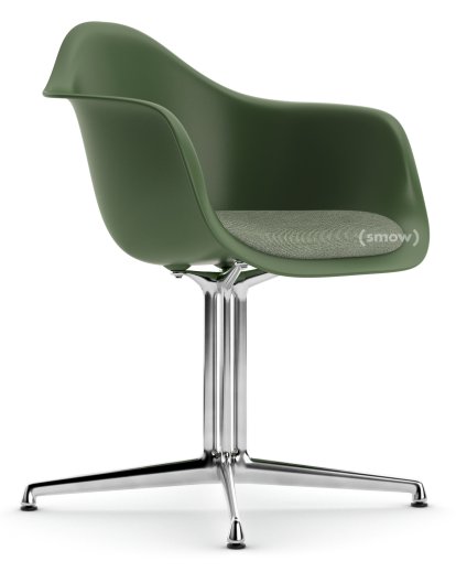 Eames Plastic Armchair DAL, Forêt, Avec coussin d'assise, Ivoire / forêt, Aluminium poli, Nouvelle hauteur d'assise (43,0 cm)