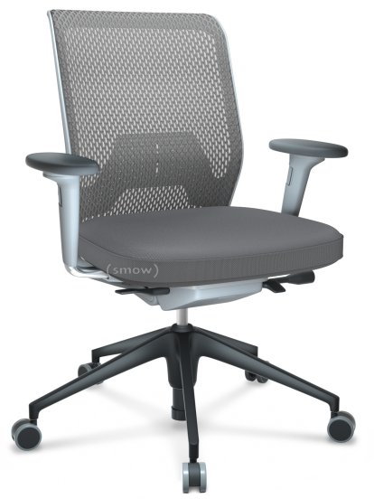ID Mesh, Mécanisme Flowmotion sans inclinaison avant et sans réglage de la profon, Avec accotoirs 2D, Piétement à 5 branches, plastique basic dark, Soft grey, Assise Skin, dossier Netline, Dimgrey, Durs pour tapis