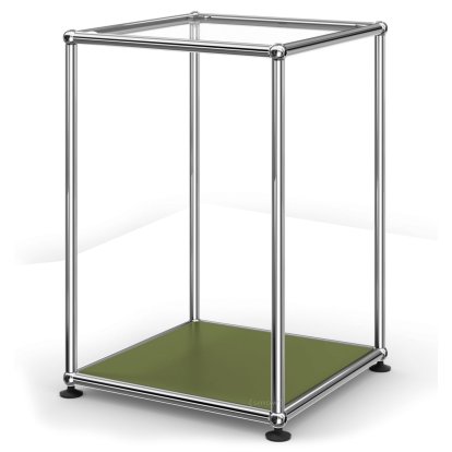 Table d'appoint USM Haller 35 haute, Panneau supérieur en verre, panneau inférieur en métal, Vert olive RAL 6003