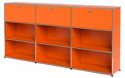 Meuble haut Highboard XL USM Haller, personnalisable, Orange pur RAL 2004, Avec 3 portes abattantes, Ouvert, Ouvert
