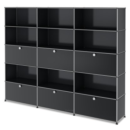 Étagère à dossiers XL USM Haller, personnalisable, Gris moyen RAL 7005, Ouvert, Avec 3 portes abattantes, Ouvert, Avec 3 portes coulissantes