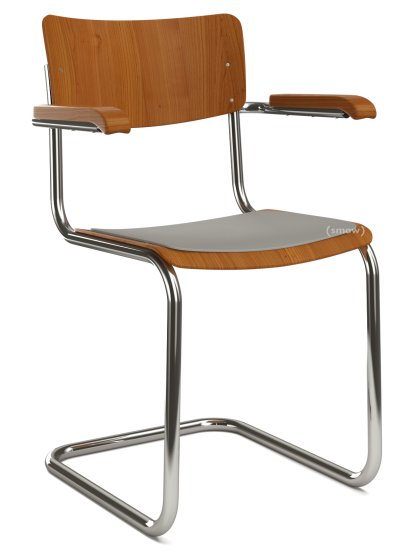 Chaise cantilever S 43 F classique avec accotoirs, Piétement chromé, Hêtre teinté, Cerisier, Coussin d'assise sans rembourrage mélange gris clair, Patins en plastique noir avec feutre