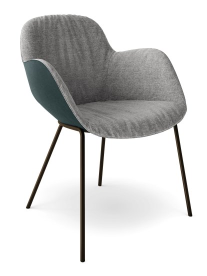 Fauteuil Sheru, Tissu Gaia platine, Cuir vintage blue tormaline, Peint par poudrage bronze mat