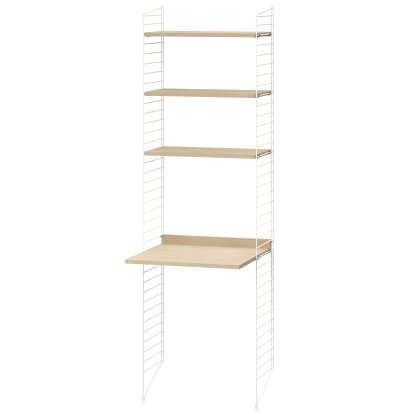 Étagère au sol avec bureau intégré String System, Rayonnages frêne, panneaux blancs