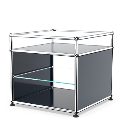 USM Haller table d'appoint et étagère verre, Bleu acier RAL 5011