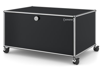 Meuble bas Lowboard TV sur roulettes USM Haller, Avec porte abattante et paroi arrière, Noir graphite RAL 9011