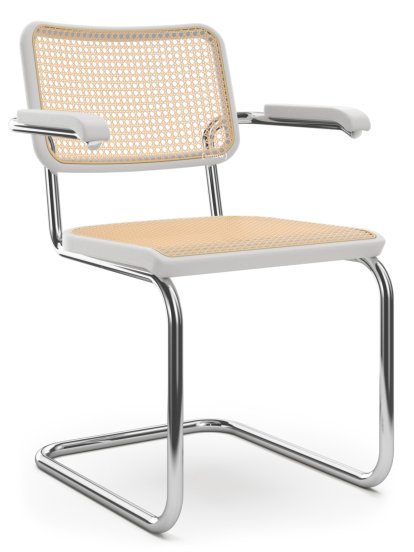 Chaise cantilever S 64 / S 64 N, Cannage (avec tissu de soutien sous l'assise), Hêtre lasuré blanc, Patins en plastique noir avec feutre