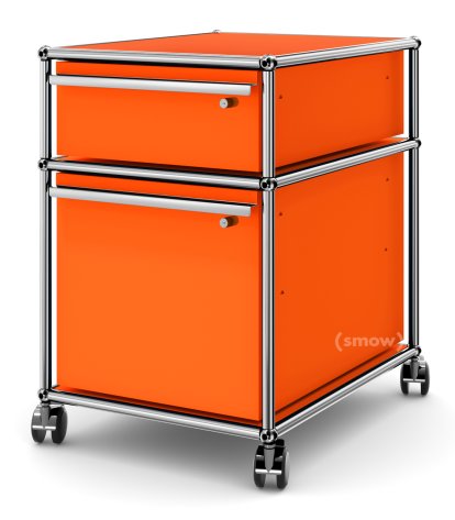 Caisson à roulettes USM Haller avec cadre pour dossiers suspendus, Tous les compartiments avec serrures, Orange pur RAL 2004