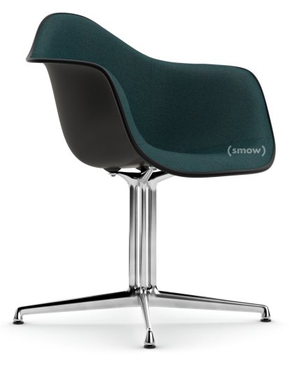Eames Plastic Armchair DAL, Noir profond  , Rembourrage intégral, Pétrole / marron marais, Aluminium poli, Nouvelle hauteur d'assise (43,0 cm)