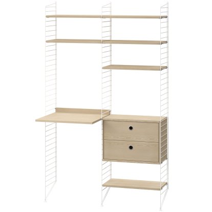 Étagère au sol avec bureau et rangement String System, Rayonnages frêne, panneaux blancs
