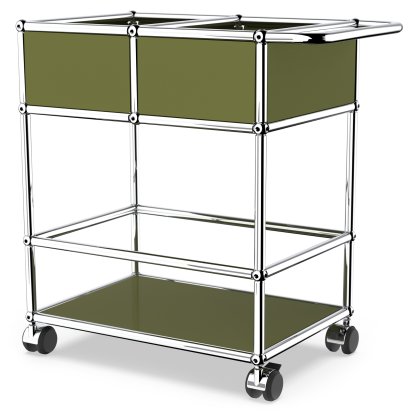 USM Haller chariot à boissons à étages avec compartiments, Vert olive RAL 6003, Durs pour tapis