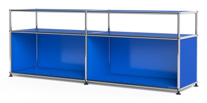 Meuble bas Lowboard L USM Haller avec rehausse, personnalisable, Bleu gentiane RAL 5010, Ouvert, Sans passe-câbles