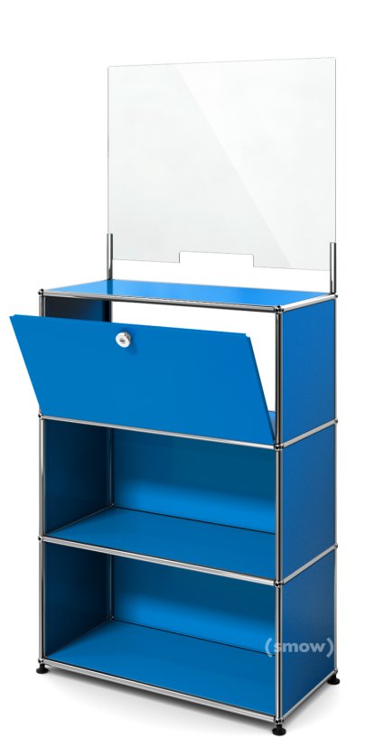 Comptoir USM Haller M avec écran de sécurité et passe-documents, Bleu gentiane RAL 5010, Avec pieds