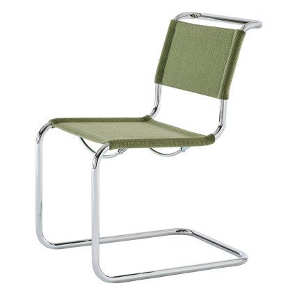 Chaise Cantilever S 33 / S 34 V Soft, Sans accotoirs, Chromé, Tissu nobel 68303 - vert, Patins en plastique noir avec feutre