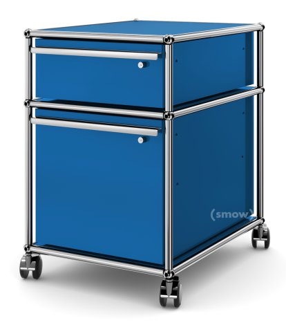 Caisson à roulettes USM Haller avec cadre pour dossiers suspendus, Tous les compartiments avec serrures, Bleu gentiane RAL 5010