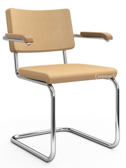 Chaise cantilever S 64 PV Pure Materials, Cuir Nappa sable, Chêne, Chromé, Patins en plastique noir avec feutre