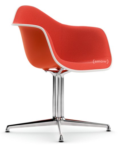 Eames Plastic Armchair DAL, Rouge (rouge coquelicot), Rembourrage intégral, Corail / rouge coquelicot, Aluminium poli, Nouvelle hauteur d'assise (43,0 cm)