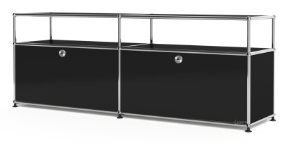 Meuble bas Lowboard L USM Haller avec rehausse, personnalisable, Noir graphite RAL 9011, Avec 2 portes abattantes, Avec passe-câbles au centre bas