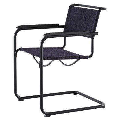 Chaise Cantilever S 33 / S 34 V Soft, Accotoirs hêtre teinté noir, Noir mat revêtu par poudre, Tissu cento deep - bleu foncé, Patins en plastique noir avec feutre