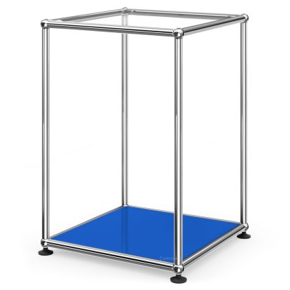 Table d'appoint USM Haller 35 haute, Panneau supérieur en verre, panneau inférieur en métal, Bleu gentiane RAL 5010