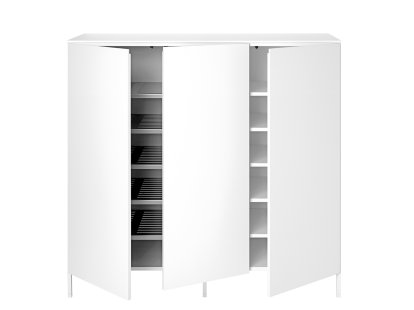 Commode Urban, Avec 3 portes, Tablettes en tôle perforée à gauche / étagères à droite, Avec piétement