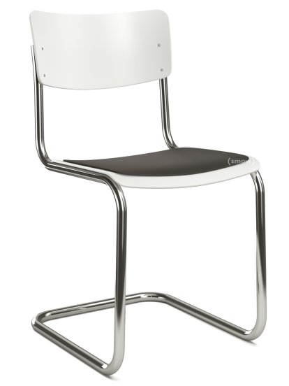 Chaise cantilever S 43 classique, Piétement chromé, Hêtre laqué, Blanc pur (RAL 9010), Coussin d'assise sans rembourrage noir, Patins en plastique noir avec feutre