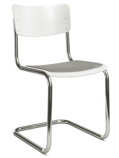 Chaise cantilever S 43 classique, Piétement chromé, Hêtre laqué, Blanc pur (RAL 9010), Coussin d'assise sans rembourrage mélange gris clair, Sans patins