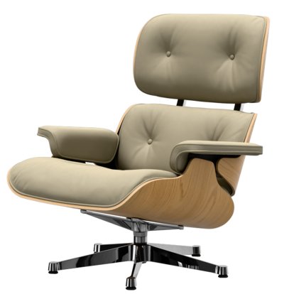 Eames Lounge Chair, Châtaignier naturel, Cuir Premium F sable, 89 cm, Aluminium poli