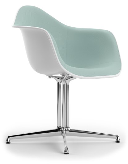 Eames Plastic Armchair DAL, Coton blanc, Rembourrage intégral, Bleu glacier / ivoire, Aluminium poli, Nouvelle hauteur d'assise (43,0 cm)