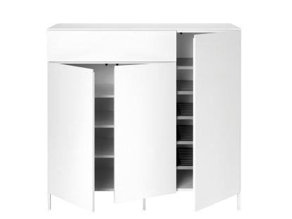 Commode Urban, Avec 3 portes et 1 tiroir, Étagères à gauche / Tablettes en tôle perforée à droite, Avec piétement