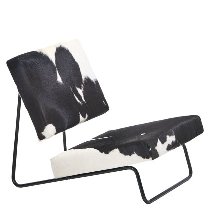 Fauteuil de salon Hirche, Peau de vache, noire / blanche, Revêtement par poudre, noir, sans repose-pieds
