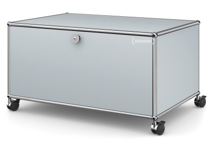 Meuble bas Lowboard TV sur roulettes USM Haller, Avec porte abattante et paroi arrière, Argent mat USM