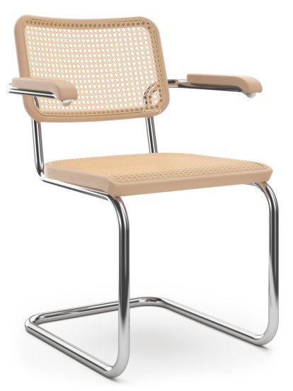 Chaise cantilever S 64 / S 64 N, Cannage (avec tissu de soutien sous l'assise), Hêtre naturel, Patins en plastique noir avec feutre