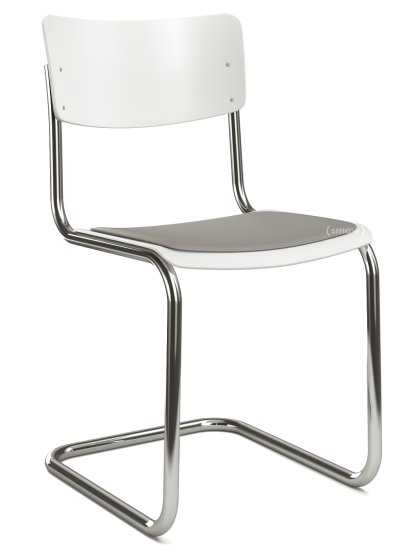 Chaise cantilever S 43 classique, Piétement chromé, Hêtre laqué, Blanc pur (RAL 9010), Coussin d'assise avec rembourrage mélange gris clair, Sans patins