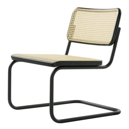 Chaise cantilever S 32 L, Cannage (avec tissu de soutien sous l'assise), Hêtre teinté noir, Noir mat, Patins en plastique noir avec feutre